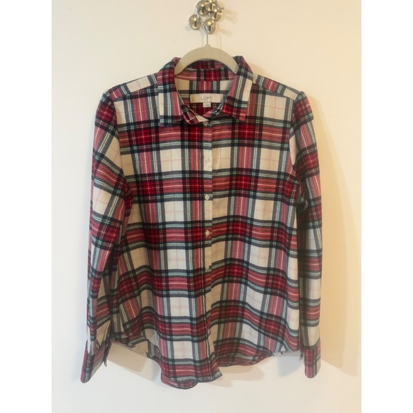 LOFT Tops - LOFT Red Navy White Metallic Plaid Flannel Button Down Shirt Small